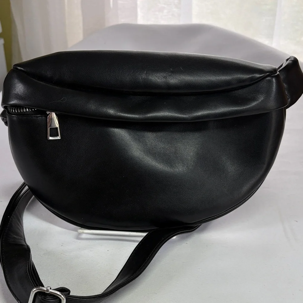 Black Sleek Manmade Belt Sling Crossbody Bag